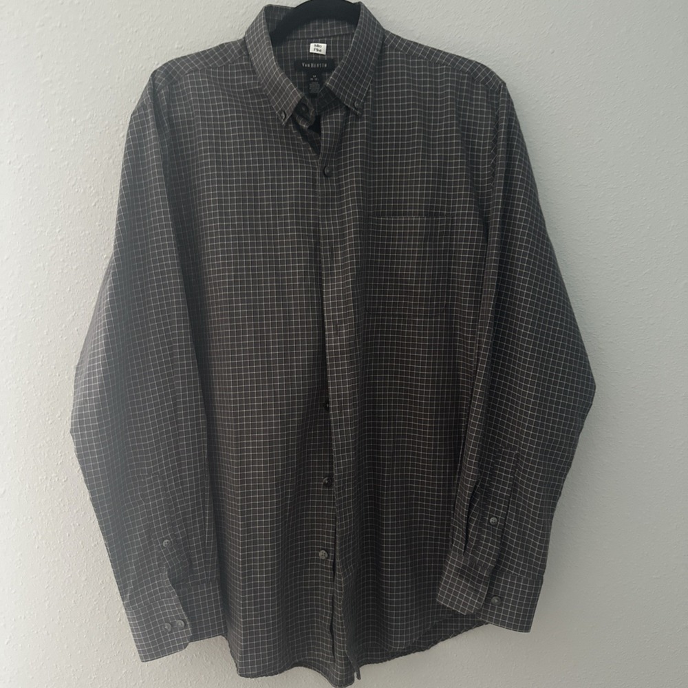 Van Heusen Mens M 15-15.5 Plaid Long Sleeve Button Up Dress Shirt Gray Black